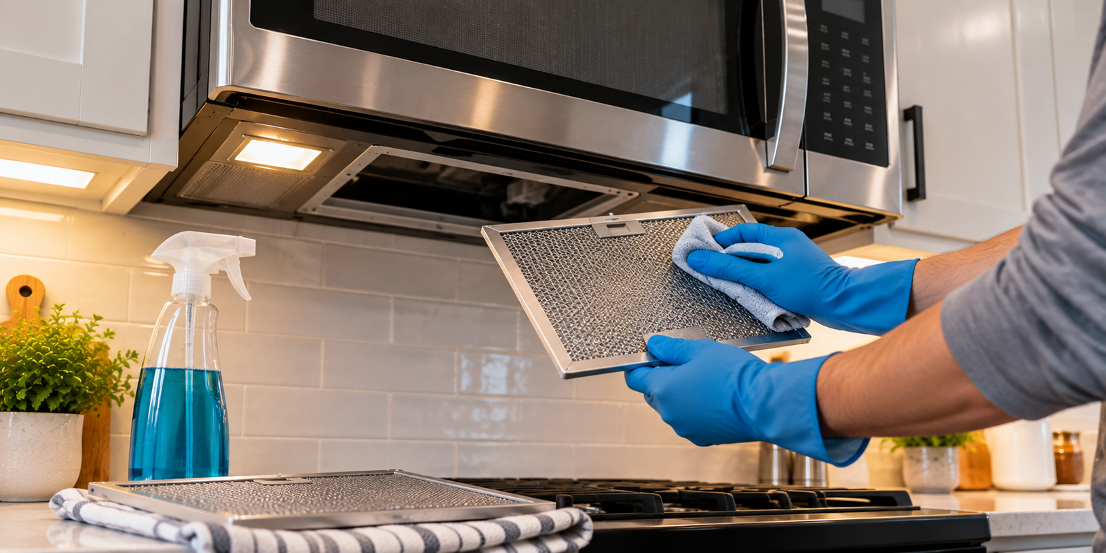 how to clean and maintain an over the range microwave vent filter image